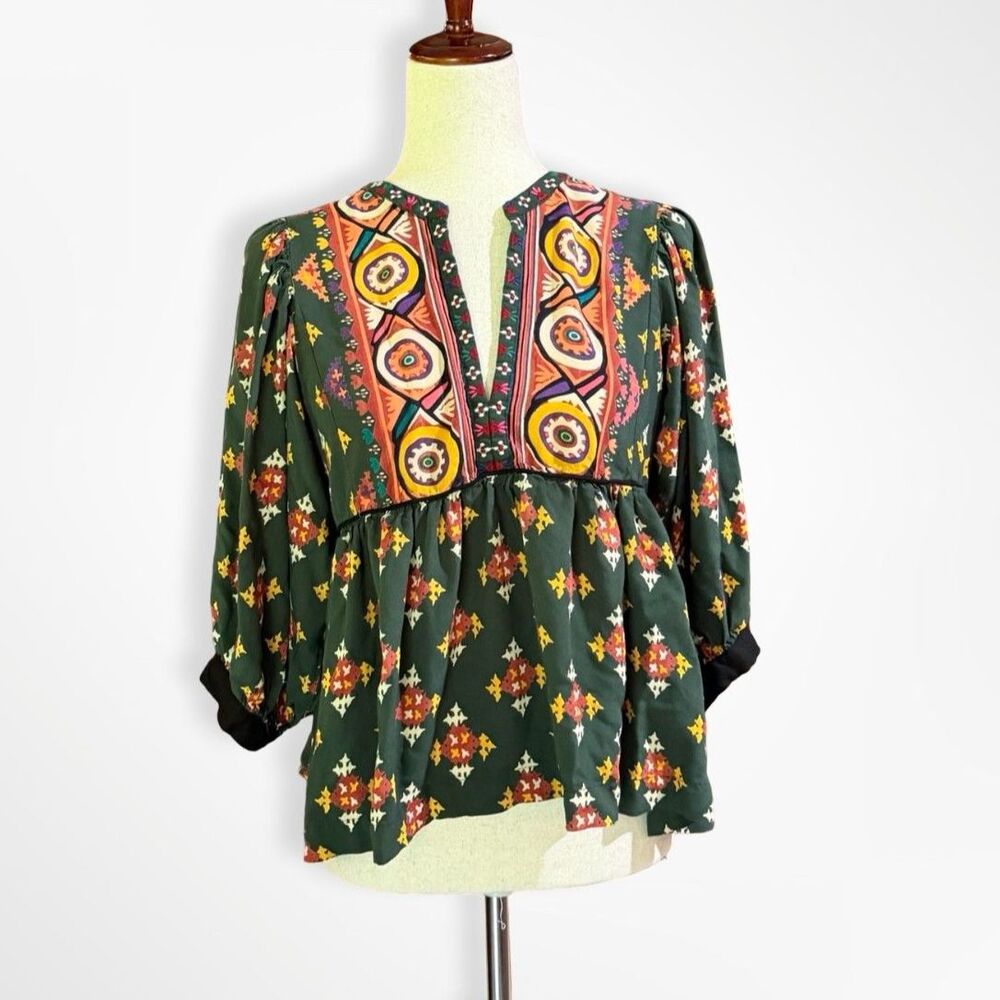 Rapsodia, Green, Babydoll Peasant Blouse, Folk Pattern Puff Sleeve Boho Top